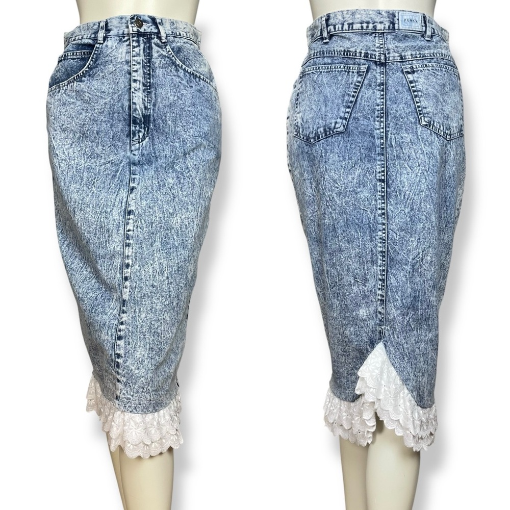 Vintage 80s Denim Skirt Lace Trim Acid Wash Retro Jean Skirt Pencil Cotton